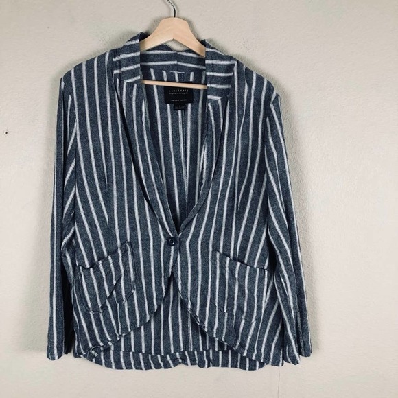Sanctuary Blazer Jacket Blue White Stripe Linen Blend High Low Pockets Sz Large - Picture 14 of 15